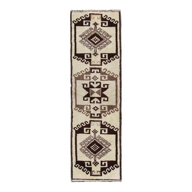Bold Vintage Turkish Tulu Gallery Rug With Tribal Design in Dark Brown and Cream 3'4 X 11'2 For Sale