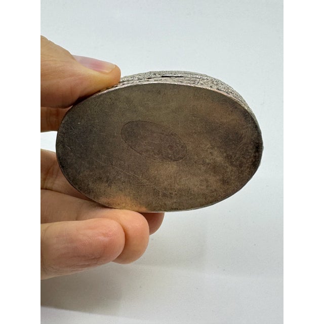 Metal 1960s Vintage Chinese Hand Painted Figure Porcelain Chard Embossed Silver Trinket Box For Sale - Image 7 of 7