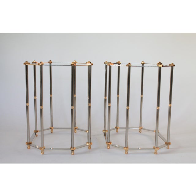 1980s Vintage Hollywood Regency Style Brass and Chrome End Tables - A Pair For Sale - Image 5 of 13