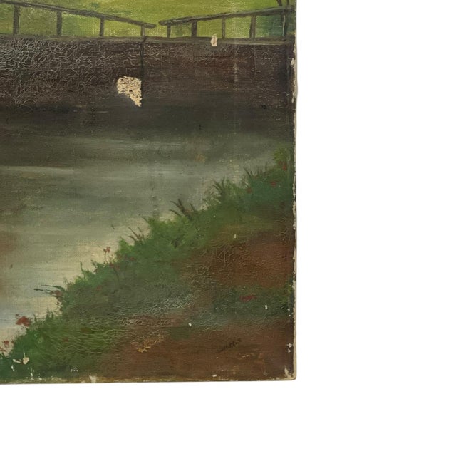 Vintage oil painting on canvas depicting a countryside landscape with a canal, bridge, traditional windmills, cottages,...