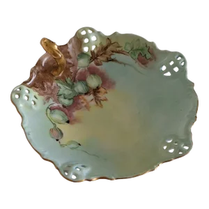 Early 20th Century Vienna Austria Hand Painted Gold Trim Signed Reticulated Handled Porcelain Trinket Candy Dish