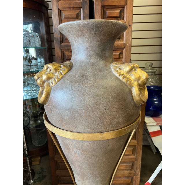 Metal Vintage Amphora Lion Ring Vase & Floor Stand For Sale - Image 7 of 8
