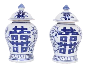 Chinese Blue and White Porcelain Double Happiness Jars - a Pair