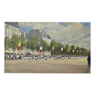 Henry Robertson Craig, Arrival Parade of the President of Senegal in Paris, on the Champs-Élysées, 1960s, Oil Painting on Canvas For Sale