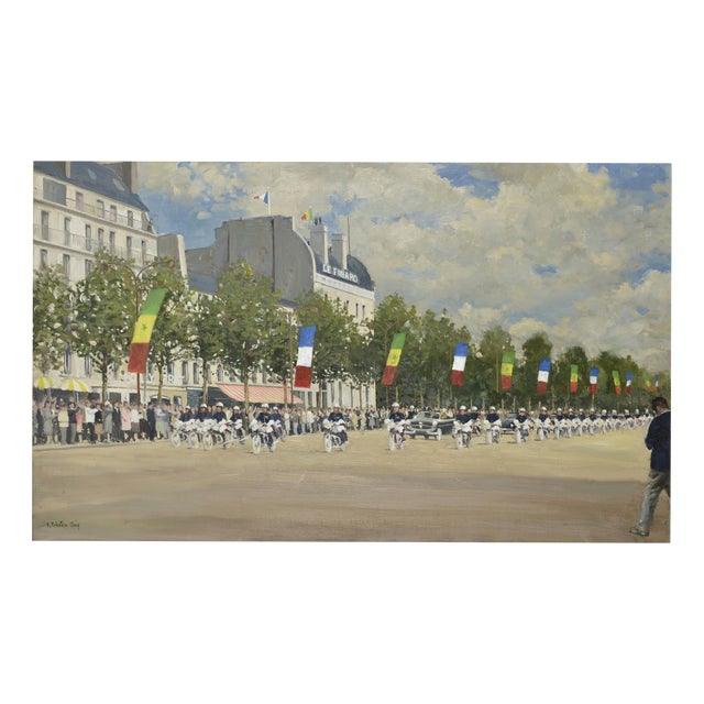 Henry Robertson Craig, Arrival Parade of the President of Senegal in Paris, on the Champs-Élysées, 1960s, Oil Painting on Canvas For Sale