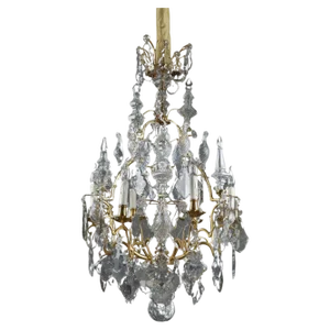 Six-Light Gilt Bronze Cage Chandelier with Cut Crystal Pendants and Daggers, 1880s