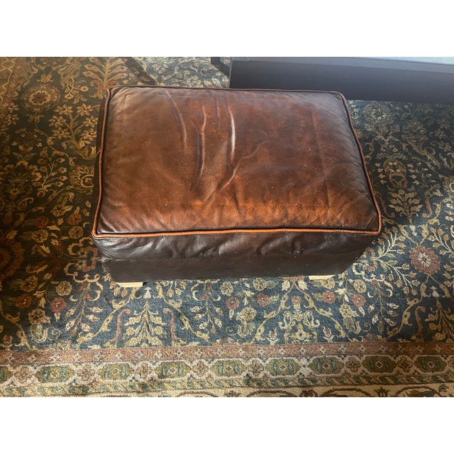1970s Texas Western Genuine Distressed Leather Footed Usa Made Ottoman For Sale - Image 4 of 9