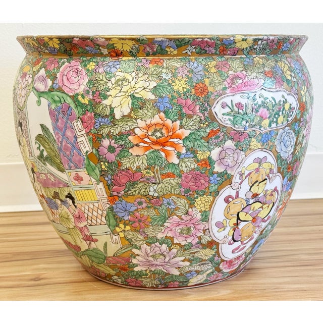 Mid 20th Century Vintage Porcelain Mandarin Chinese Rose Fish Bowl Planter For Sale - Image 5 of 10