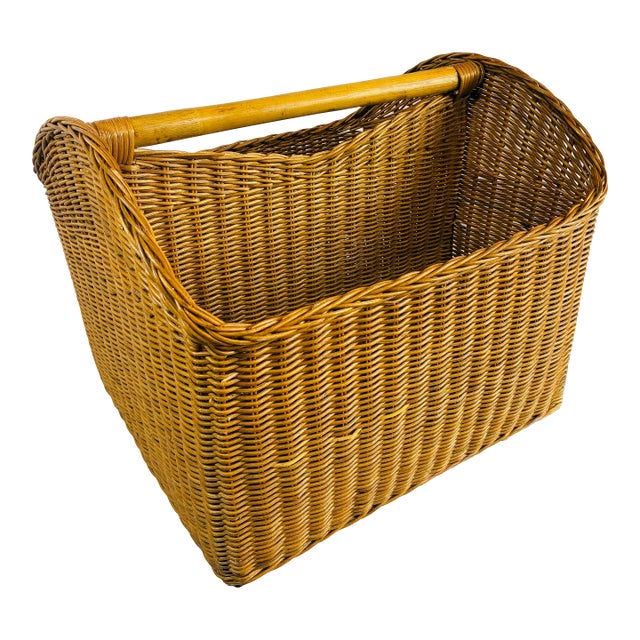 Vintage Large Handwoven Indonesian Rattan & Bamboo Market Basket With Divider For Sale
