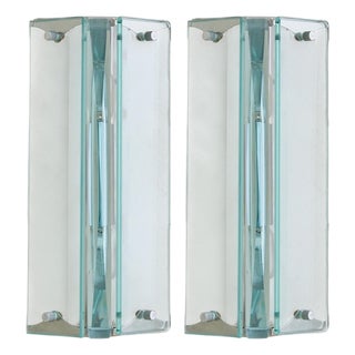 Pair of Italian Chrome + Glass Sconces in the Manner of Fontana Arte, 1960s For Sale