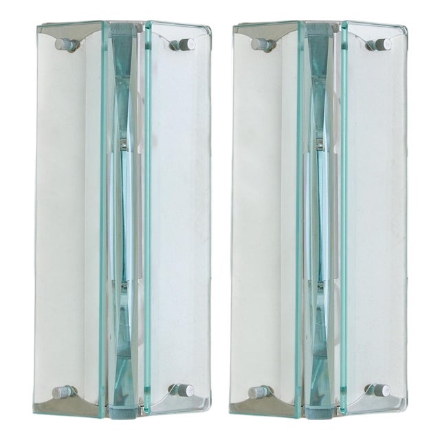 Pair of Italian Chrome + Glass Sconces in the Manner of Fontana Arte, 1960s For Sale