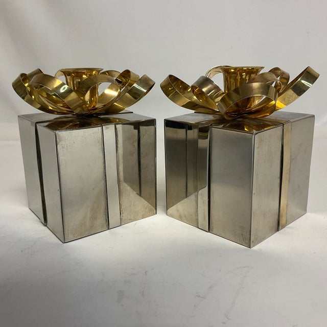 Vintage Contemporary Americana Christmas Metal Wrapped Present Candle Holders - a Pair. For Sale - Image 4 of 7