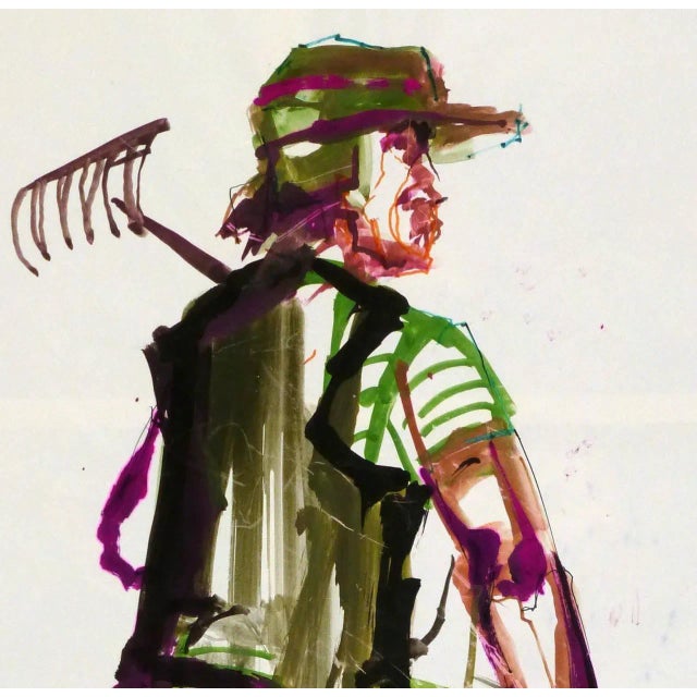 Vintage acrylic portrait of a man with rake in a bold palette of greens and purple by French artist G. Lahousse, circa...