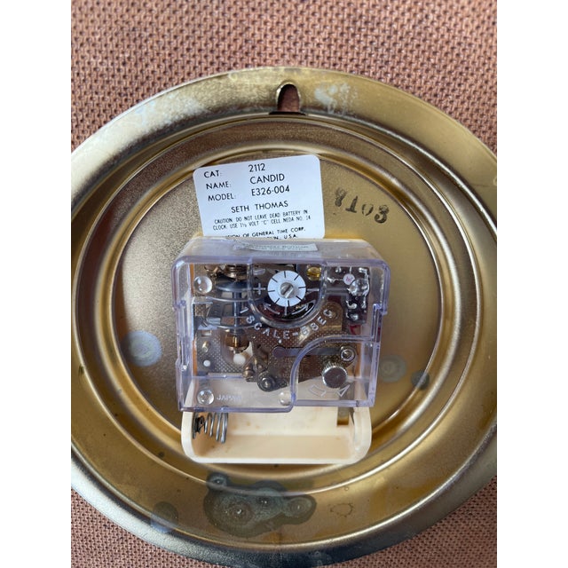 Vintage Mid-Century Modern Seth Thomas Wall Clock "Candid" Model E326-004 in Likely Walnut Shadow Box With Brass Toned Dial For Sale - Image 10 of 10
