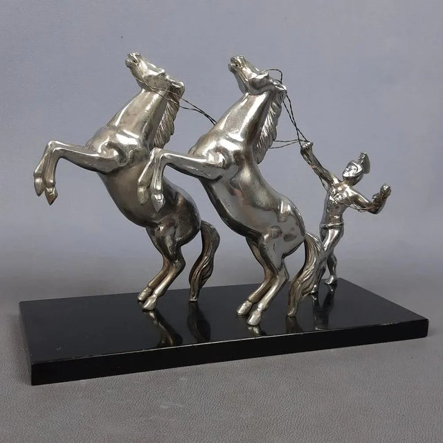 Antique Chromed Metal Sculpture of Roman Horse Trainer on Marble Base, 1930 For Sale - Image 6 of 16
