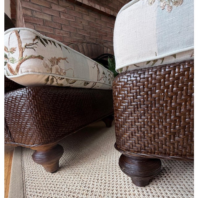 Wood A Pair, Hickory Chair Lounge Chairs and Ottomans by Mark Hampton, Custom Upholstered in Colefax & Fowler For Sale - Image 7 of 18
