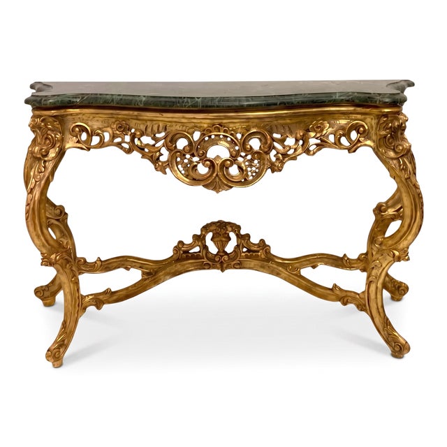 Wood Large Scale Italian Louis XV Carved Giltwood Console Table W/ Verde Marble Top For Sale - Image 7 of 8