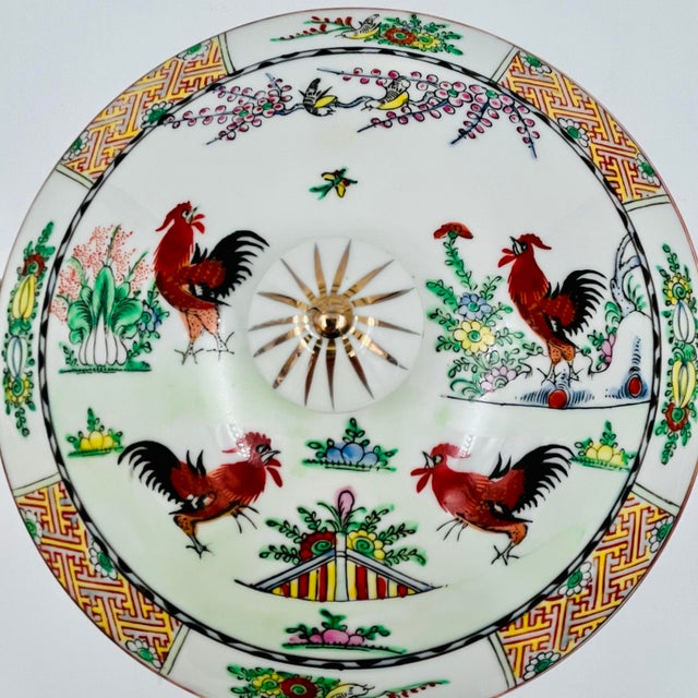 Chinoiserie Vintage Chinoiserie Famille Rose Porcelain Covered Tureen Centerpiece - Rooster and Bok Choy Cabbage For Sale - Image 3 of 16