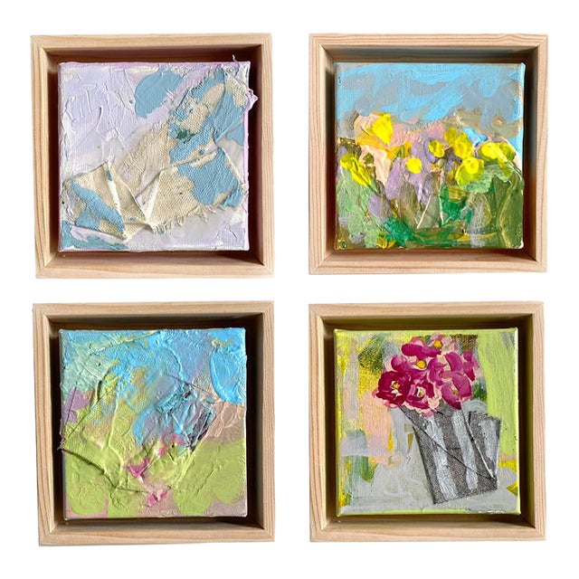 Curated Set of Four Mini Paintings in Vibrant Pastels For Sale