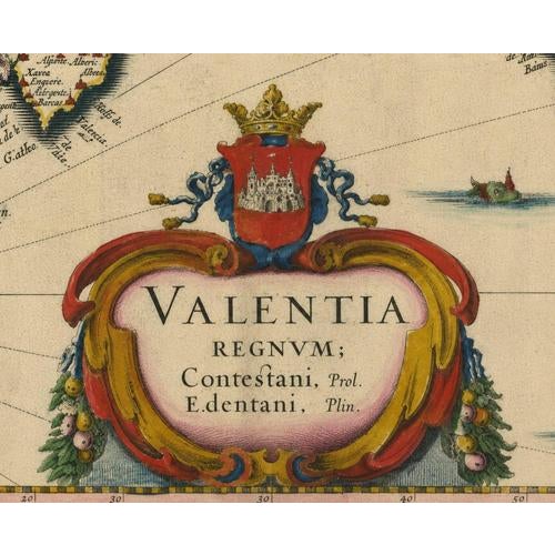 Blaeu Map of Valencia Valentia Regnum, 1642 For Sale - Image 3 of 15