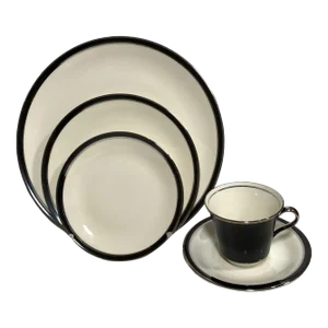 1980s American Manor China Ebony by Shenango - 5 Piece Place Setting, Black Band, Platinum Trim
