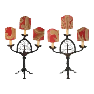 19th Century French Forged Iron 3-Arm Candelabra Table Lamps with Shades - A Pair