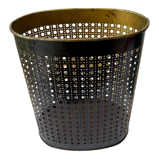 Mid Century 1950s Wiebro Perforated Metal Oval Wastebasket Trash Can For Sale