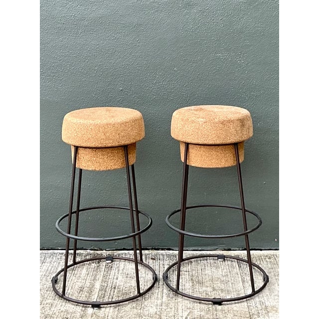 Vintage Cork and Metal Bar Stools - A Pair For Sale - Image 10 of 12
