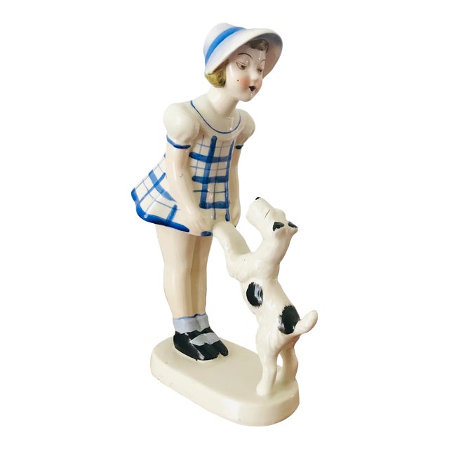 Vintage Porcelain Girl and Schnauzer/Airedale Dog Figurine, Made in Japan For Sale