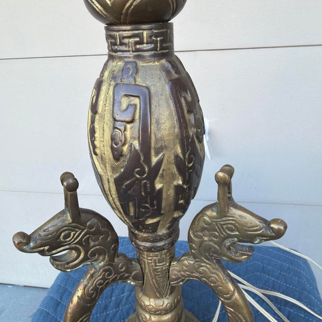 Mid 20th Century Chinese Archaistic Cast Brass Dragon Table Lamp - Attributed to James Mont For Sale - Image 11 of 18