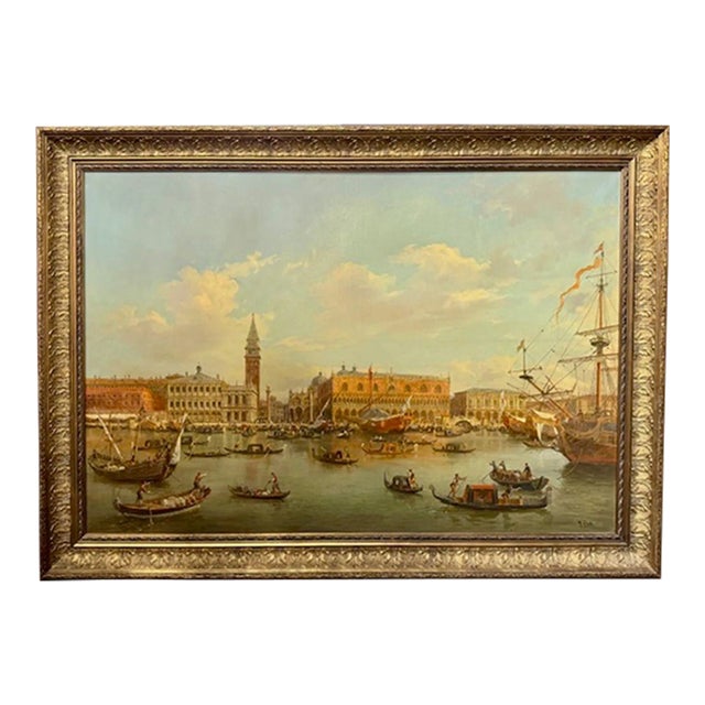 Antique Oil on Canvas Painting of a Venetian Harbor For Sale