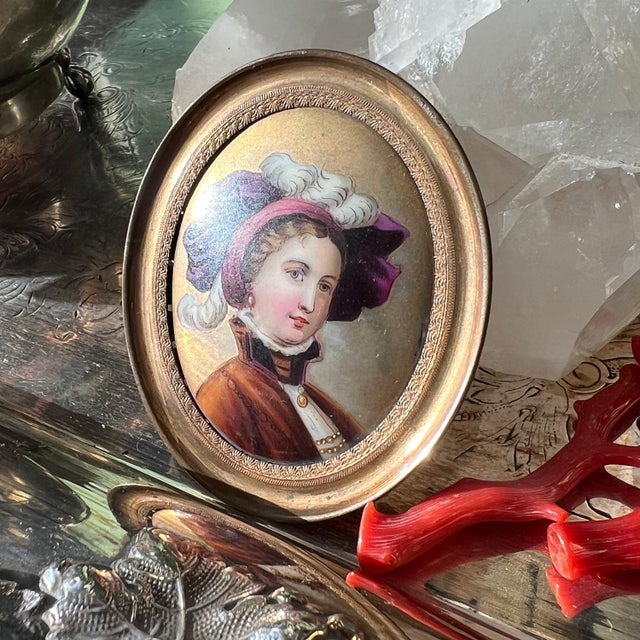 Hand painted miniature portrait on porcelain with gold-tone frame // original antique art // portrait of a female // collectible artwork For Sale - Image 4 of 10