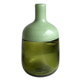 Set of 2 - Pair of Handcrafted Green Art Glass Bottles For Sale