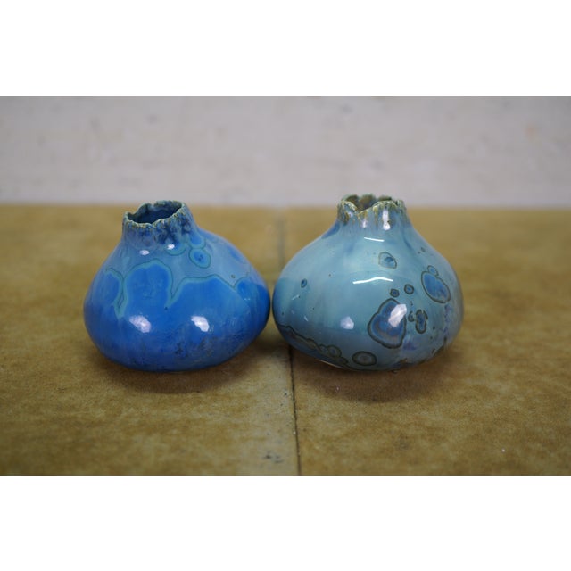 2 Vintage Blue Glazed Gourd Shaped Pinch Pot Pottery Bud Vases 2" For Sale - Image 6 of 14
