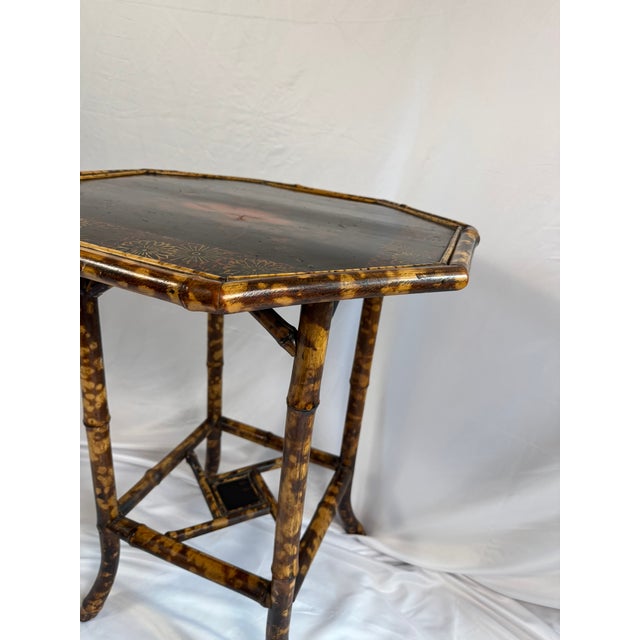 Traditional Antique English Bamboo Lacquered Octagonal Table | Aesthetic Movement Chinoiserie | Japanned Top, 28in Tall For Sale - Image 3 of 17