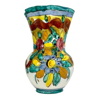 1950s Vintage Majolica Boho Chic Folk Art Italian Hand Crafted Vase. For Sale