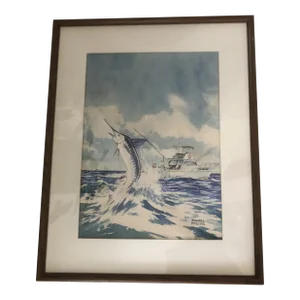 Mid-Century Modern Coastal Sailfish and Fishermen Watercolor Painting by Darrell McClure, Framed