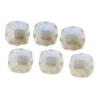 1960s MCM Hazel Atlas Diamond Cut Ruffled Milk Glass Bowls 6.25 Inch Vintage Scalloped Dessert Bowls - Set of 6 For Sale