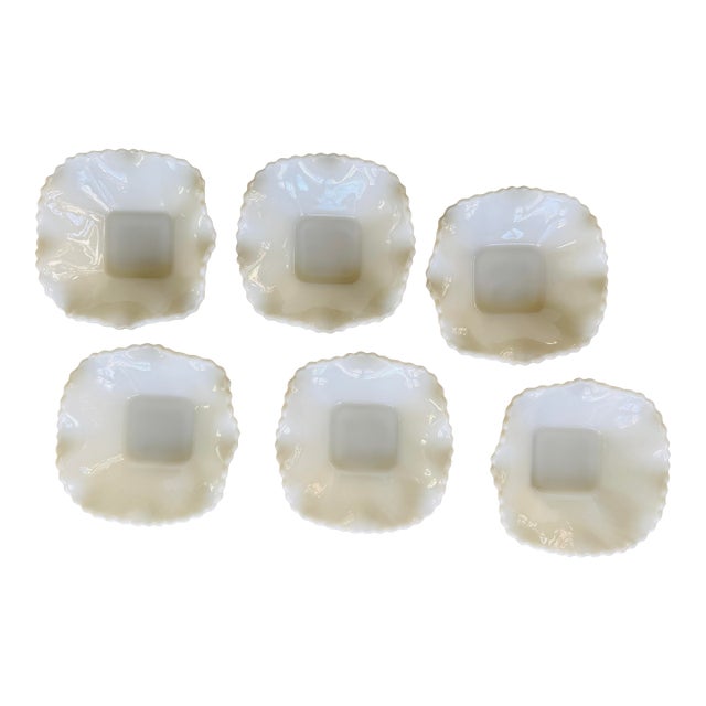1960s MCM Hazel Atlas Diamond Cut Ruffled Milk Glass Bowls 6.25 Inch Vintage Scalloped Dessert Bowls - Set of 6 For Sale