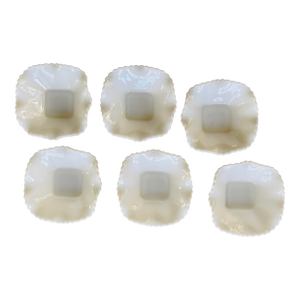 1960s MCM Hazel Atlas Diamond Cut Ruffled Milk Glass Bowls 6.25 Inch Vintage Scalloped Dessert Bowls - Set of 6
