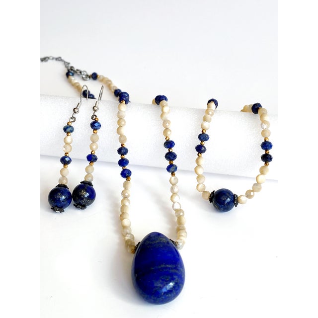 Artisan Lapis Lazuli & Mother of Pearl Sterling Silver Three Piece Jewelry Parure Set For Sale - Image 9 of 9