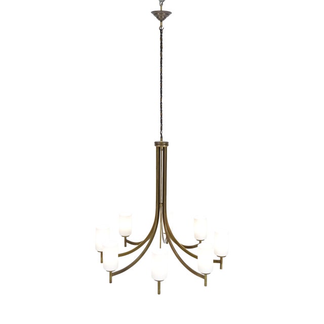 Large Mid-Century Italian Brass and Glass 8-Arm Chandelier, 1950s-1960s For Sale