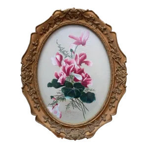 Rare Collector 19th Century French Botanic Painting on Silk - 'Cyclamens'