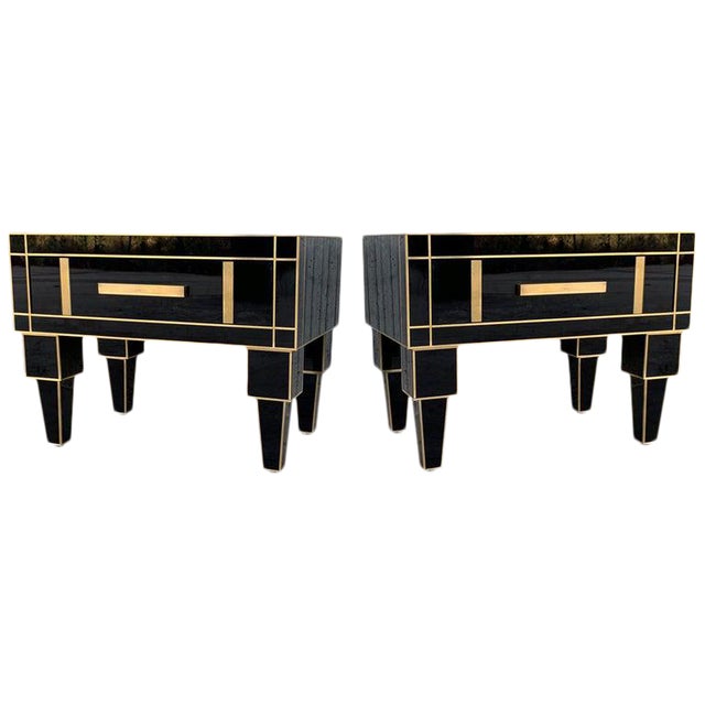 New Pair of Mirrored Low Nightstand in Black Mirror and Chrome With Drawer For Sale
