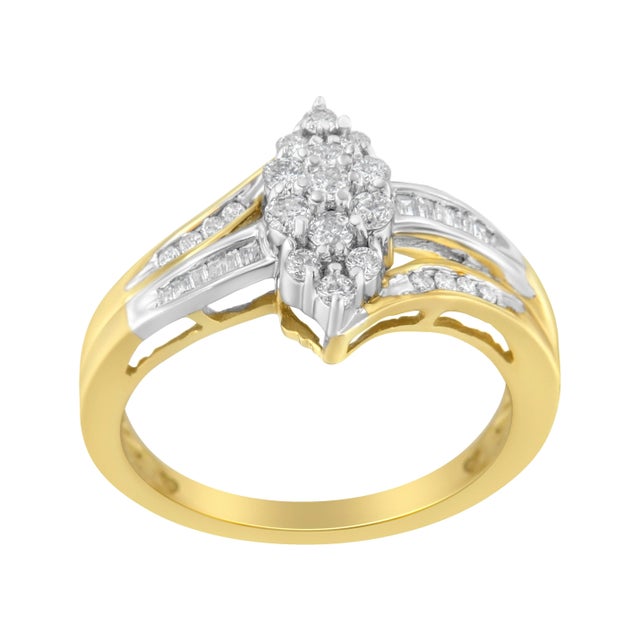 Crafted in lustrous 10k gold, this bypass ring showcases a dazzling round diamond cluster. Soft alternating yellow and...