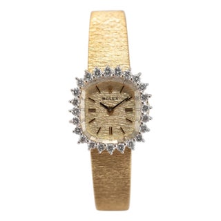 Late 20th Century Vintage Rolex 19mm R8286 14k Yellow Gold Diamond Bezel Manual Winding Watch For Sale