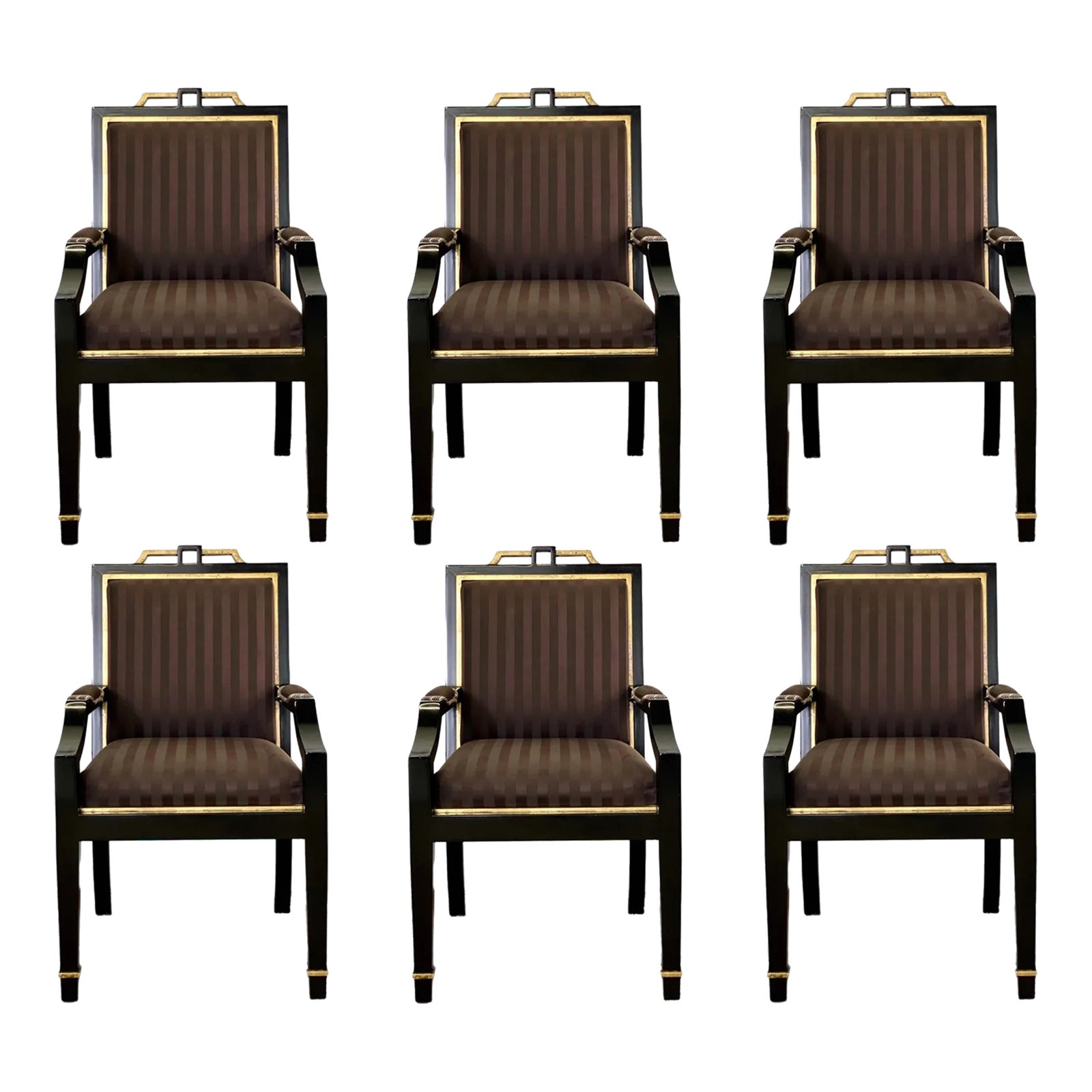 1980s Hollywood Regency Black Lacquer and Satin Dining Armchairs – Set