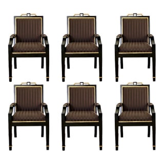 1980s Hollywood Regency Black Lacquer and Satin Dining Armchairs – Set of 6 For Sale