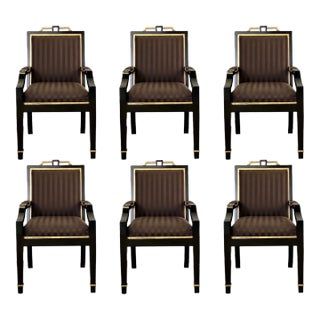 1980s Hollywood Regency Black Lacquer and Satin Dining Armchairs – Set of 8 For Sale