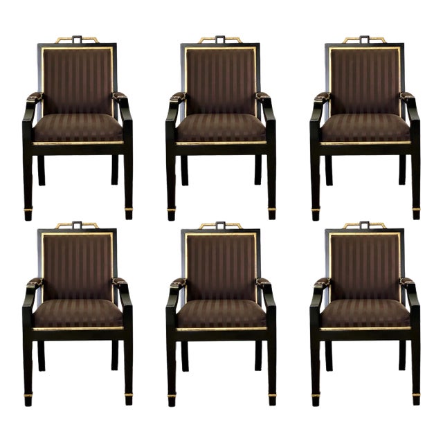 1980s Hollywood Regency Black Lacquer and Satin Dining Armchairs – Set of 8 For Sale